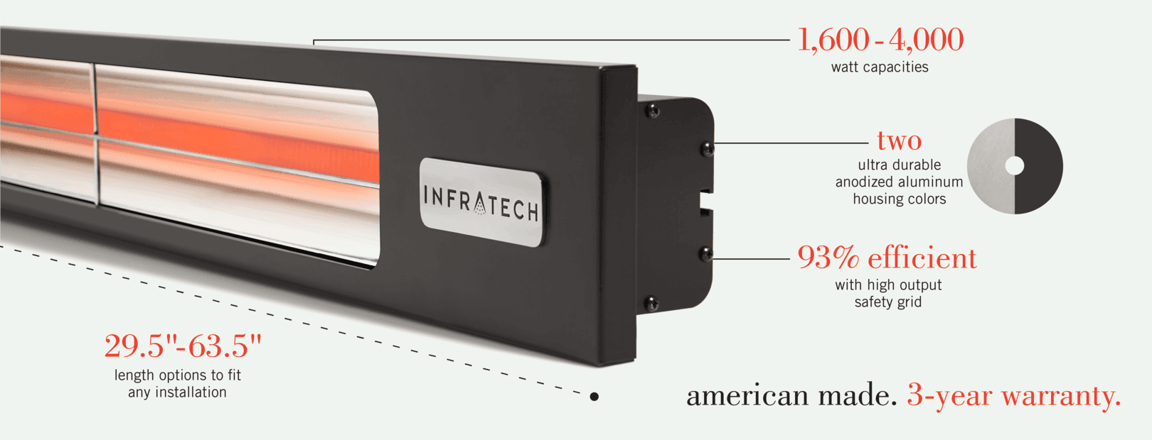Infratech Slimline Series 42 1/2-Inch 2400W Single Element Electric Infrared Patio Heater - 240V - Silver thumbnail 1