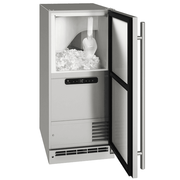 U-Line 15-inch outdoor-rated built-in clear ice maker in stainless steel, 55 lb daily production, model UOC115-SS01B