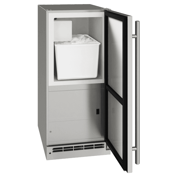 U-Line 15-inch outdoor-rated built-in crescent ice maker with gravity drain, stainless steel, 25 lb daily production, model UOCR115-SS01B