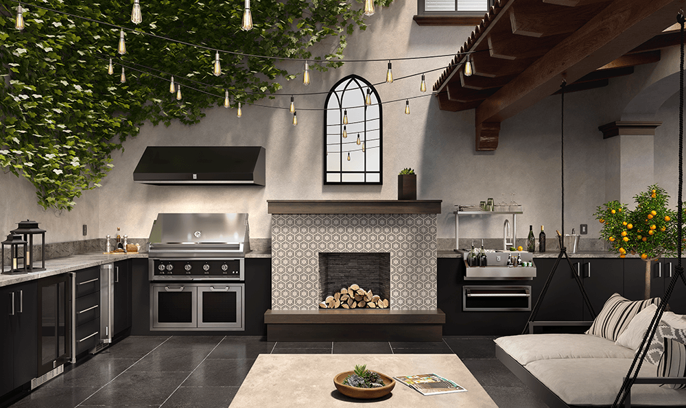 Hestan outdoor grill installed in a premium lifestyle outdoor kitchen