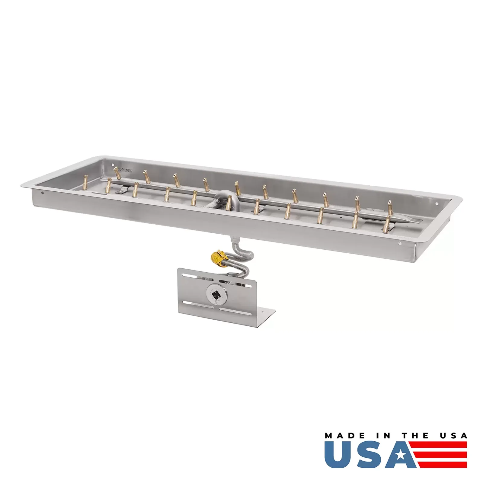 The Outdoor Plus patented stainless-steel bullet burner shown as a trough-mount Match Lit kit — the actual burner assembly that ships inside every Regal, with brass bullet jets and a Made in USA stamp.